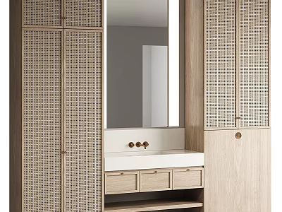 Modern Wooden Bathroom Vanity with Mirror Lattice Cabinets and Drawers 3d model