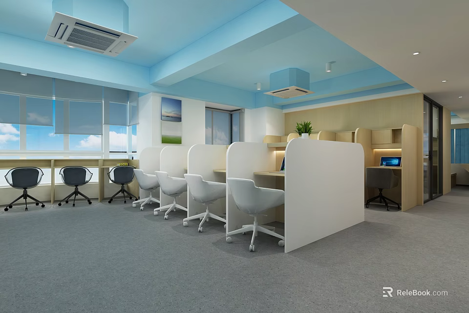 Modern Office Workspace With Open Desks Partitions Ergonomic Chairs And Windows 3d model 