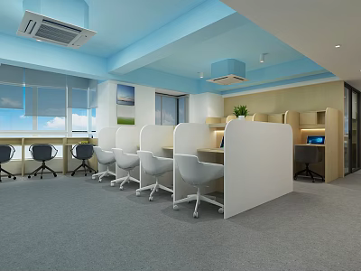 Modern Office Workspace With Open Desks Partitions Ergonomic Chairs And Windows 3d model