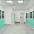 Modern Laboratory Interior With Green Cabinets White Countertop Workbench Chair and Windows