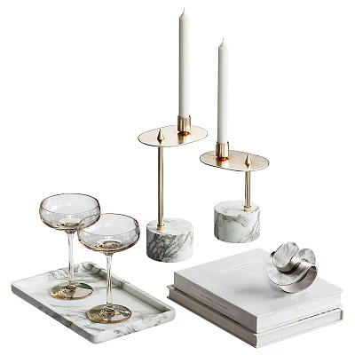 Modern Decorative Ornament Set With Marble Candle Holders Metal Tray Wine Glasses 3d model