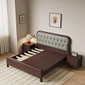 Dark Brown Wooden Double Bed with Light Green Upholstered Headboard Yellow Pillow Striped Blanket and Nightstand