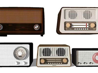 Retro Audio Equipment Featuring Classic Radio Designs Various Colors And Grid Panels 3d model