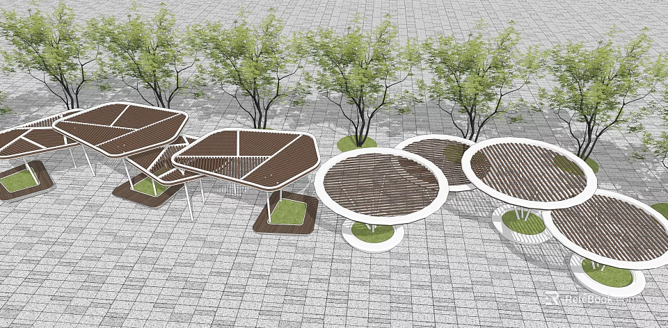 Modern Outdoor Pergolas With Various Shapes Surrounded by Trees on Paved Ground 3d model