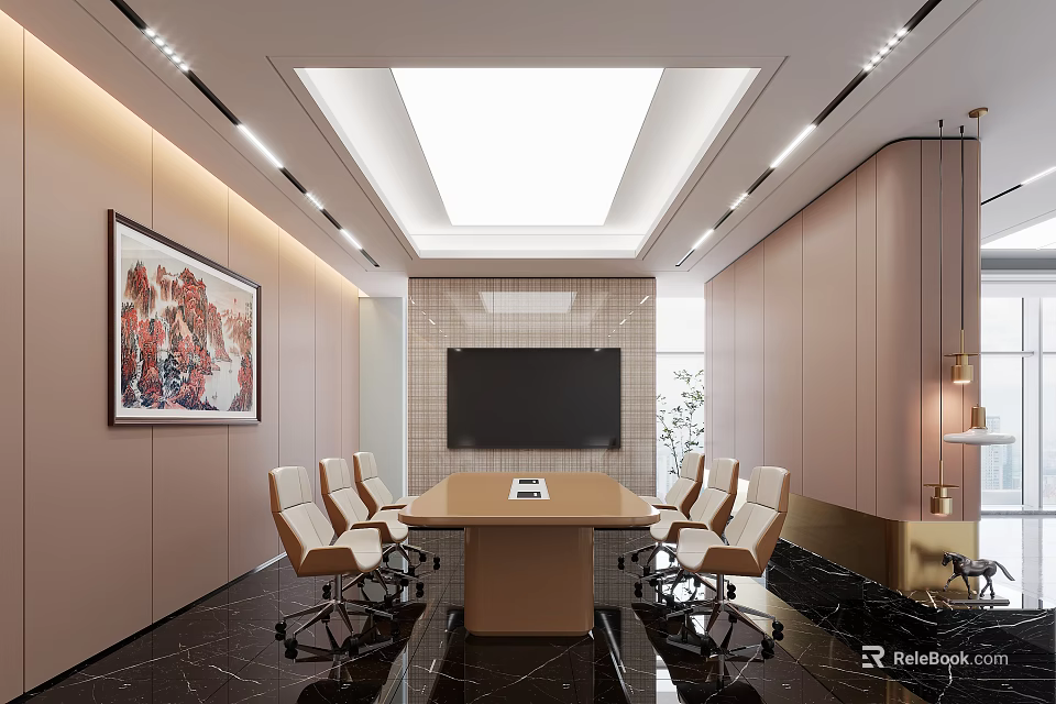 Modern Conference Room Interior Design With Meeting Table Chairs Large Screen TV And Wall Painting 3d model 