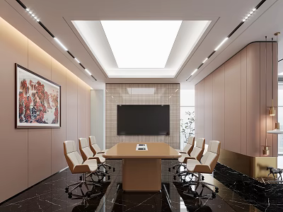 Modern Conference Room Interior Design With Meeting Table Chairs Large Screen TV And Wall Painting 3d model