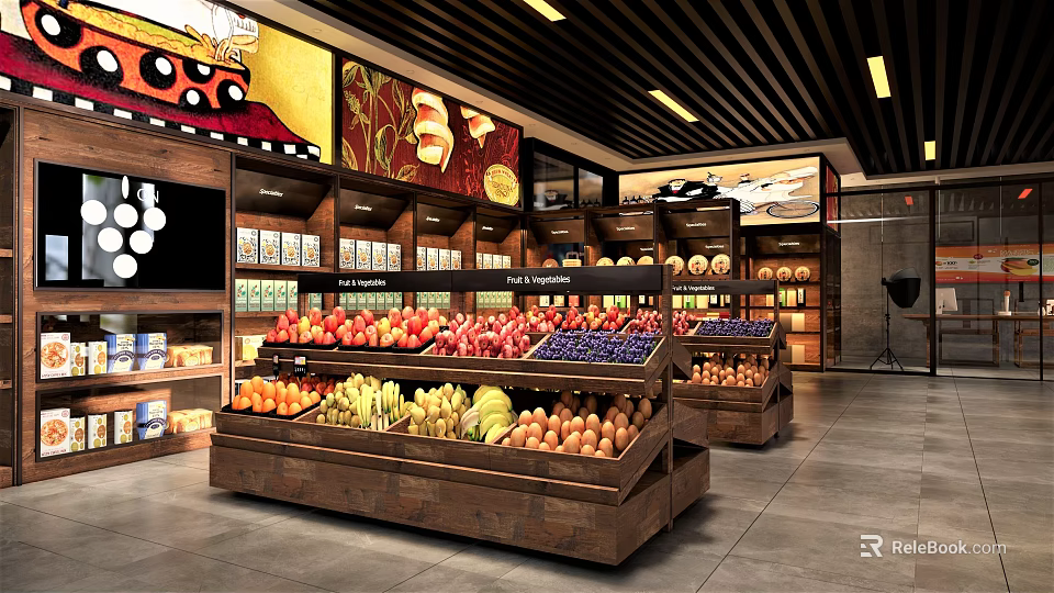 Supermarket Grocery Interior With Fresh Fruit Display Shelves And Organized Layout 3d model 