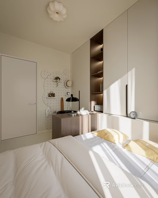 Modern Kids Room Interior With White Tone Bed Desk Cabinets Bear Decor And Sunlight 3d model 