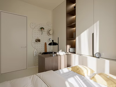 Modern Kids Room Interior With White Tone Bed Desk Cabinets Bear Decor And Sunlight 3d model