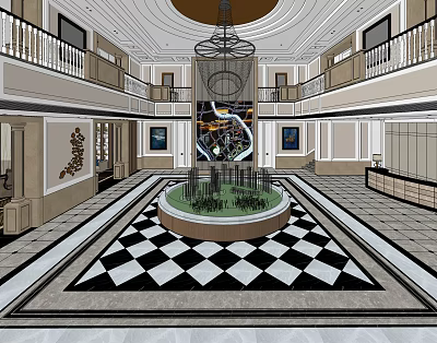 Sales Office Lobby With Black And White Checkered Floor Circular Central Decor Chandelier Balconies And Paintings 3d model