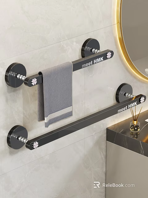 Black Bathroom Towel Rack With Gray Towel On Tiled Wall And Round Mirror 3d model 