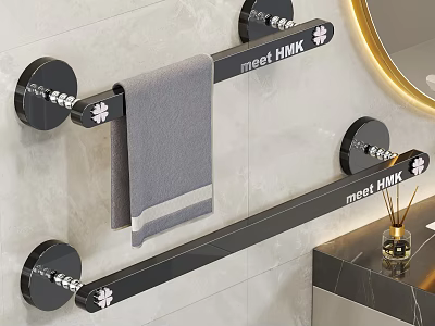 Black Bathroom Towel Rack With Gray Towel On Tiled Wall And Round Mirror 3d model