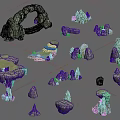 Green Stone and Wood 3D Landscape Design Elements in Various Shapes