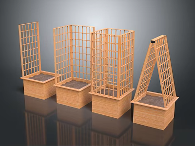 Wooden Garden Fences with Square Planter Bases Various Grid Designs and Triangular Top Structure 3d model