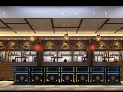 Traditional Chinese Specialty Store With Wooden Carvings Display Counter And Pendant Lights 3d model