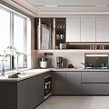 Modern Kitchen Interior With Gray Cabinets Appliances And Large Windows 3d model
