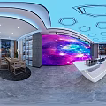 Modern Public Office Space With Galaxy Backdrop Ceiling Spotlights Reflectors Ring Light Tripods White Desk