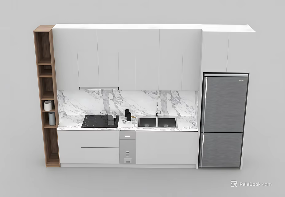 Modern Kitchen Interior With White Cabinets Marble Countertop Sink Stove And Refrigerator 3d model 