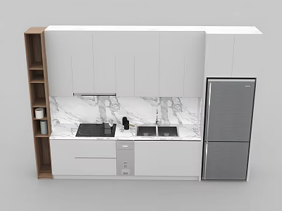Modern Kitchen Interior With White Cabinets Marble Countertop Sink Stove And Refrigerator 3d model