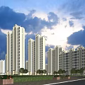 Modern High Rise Residential Buildings With Greenery And Evening Road View