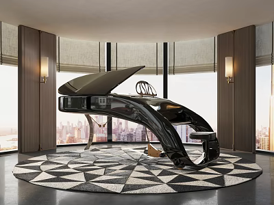 Elegant Modern Piano Musical Instrument Interior Featuring Open Lid City View And Geometric Carpet 3d model