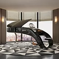 Elegant Modern Piano Musical Instrument Interior Featuring Open Lid City View And Geometric Carpet