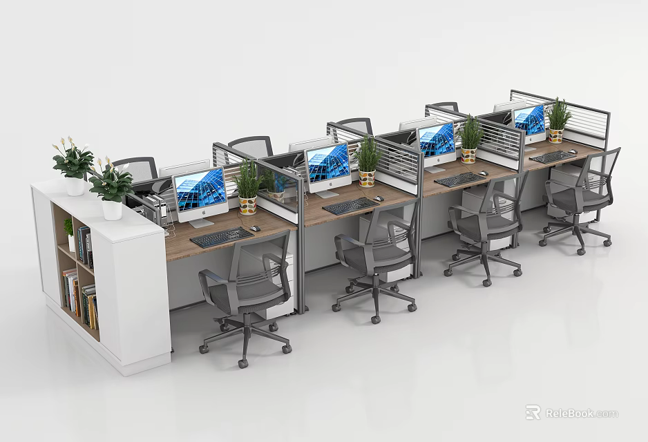 Modern Office Interior With Open Workstations Desks Computers Plants And Bookshelves 3d model