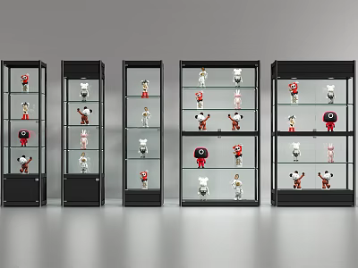 Row of Black Glass Door Display Cabinets with Collectible Figurines 3d model