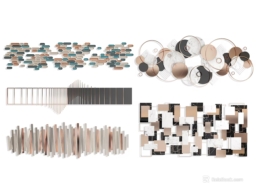 Modern Geometric Wall Decor With Circular Square And Striped Patterns In Neutral Metallic Tones 3d model