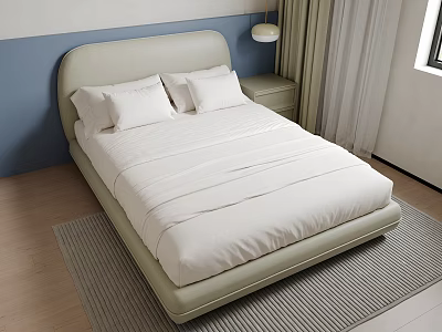Single Bed With Light Green Headboard White Sheets Pillows Bedside Table Lamp Blue White Wall 3d model