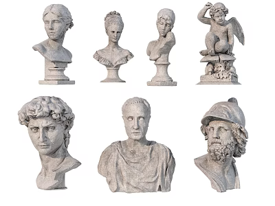 Classical Stone Carved Sculptures Featuring Various Bust Statues And Angel Figure 3d model