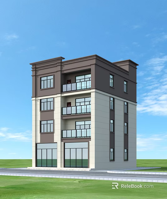 Modern Multi Story Residential Building with Brown Beige Exterior Balconies Windows and Blue Sky Background 3d model 