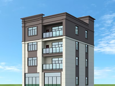 Modern Multi Story Residential Building with Brown Beige Exterior Balconies Windows and Blue Sky Background 3d model