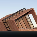 Modern Wooden House Exterior Featuring Geometric Roof Design And Vertical Slats