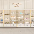 Modern Gold Frame Display Shelves With White Base And Various Cosmetic Bottles