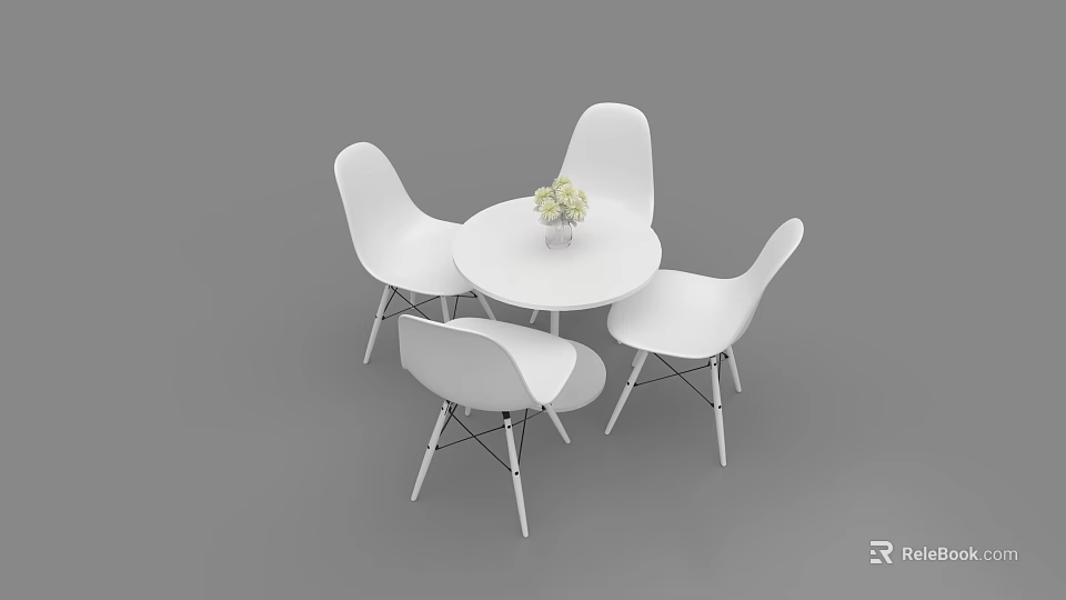 White Round Negotiation Table With Four Chairs Vase With Flowers And Simple Design 3d model 