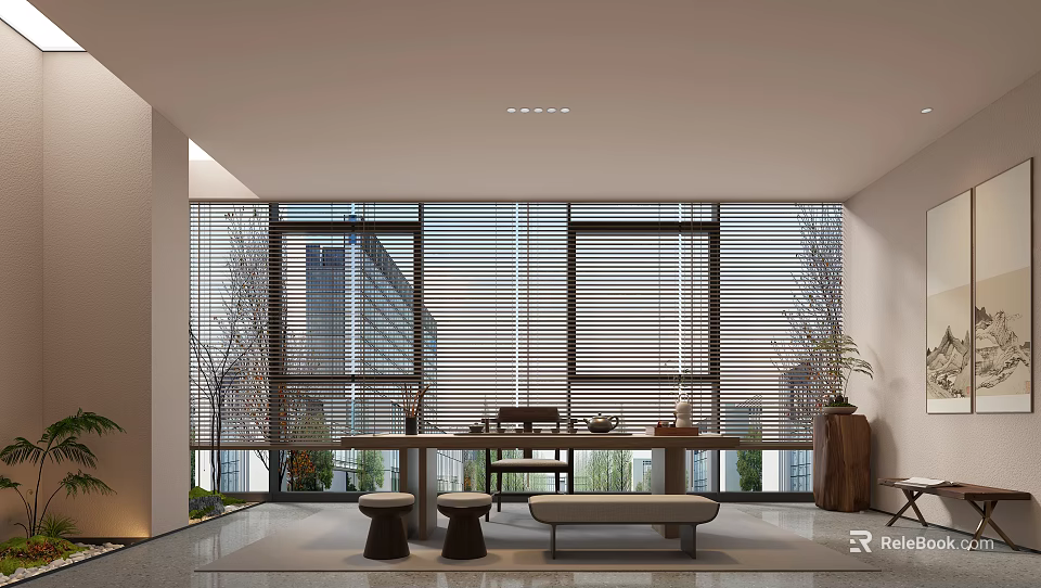 Modern Teahouse Interior With Large Windows Blinds Long Table Tea Sets Stools Bench And Plants 3d model