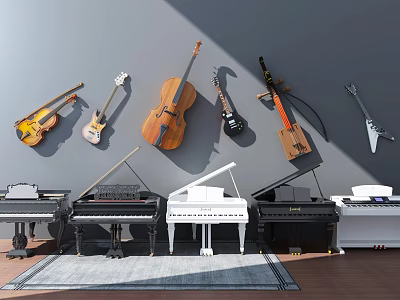 Diverse Musical Instruments Collection Including Violins Guitars Cellos And Pianos On Wall And Floor 3d model