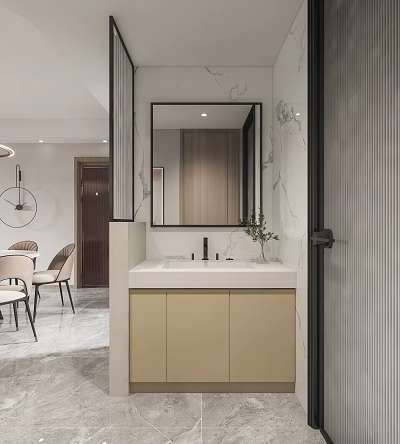 Modern Minimalist Bathroom Vanity With White Countertop Beige Cabinets And Marble Wall Mirror 3d model