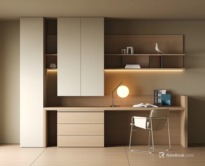 Modern Wooden Desk With Bookshelf Table Lamp Drawers And White Chair 3d model 