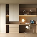 Modern Wooden Desk With Bookshelf Table Lamp Drawers And White Chair