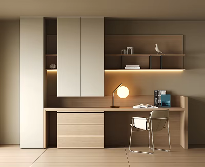 Modern Wooden Desk With Bookshelf Table Lamp Drawers And White Chair 3d model