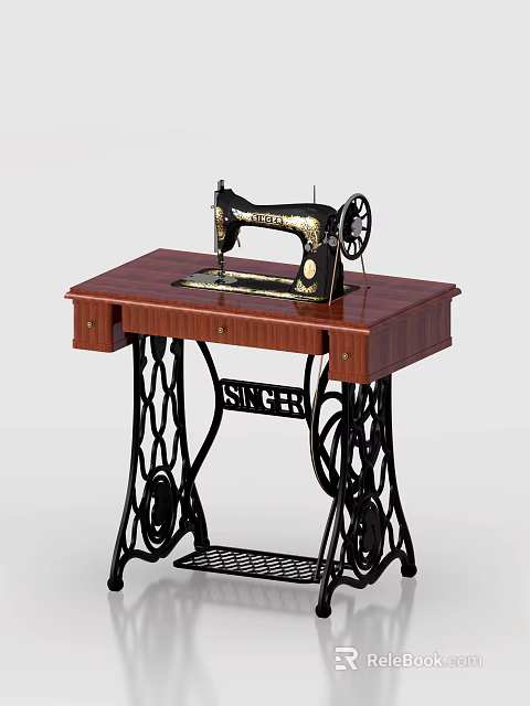 Singer Industrial Sewing Machine On Wooden Table With Metal Legs And Drawers 3d model 