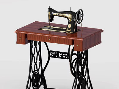 Singer Industrial Sewing Machine On Wooden Table With Metal Legs And Drawers 3d model
