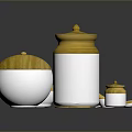 Artistic Ceramic Sculpture Carvings Featuring Yellow And White Jars With Lids And Bowls