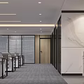 Modern Office Reception Desk With Marble Countertop Backdrop Wall Lighting And Red Sculpture
