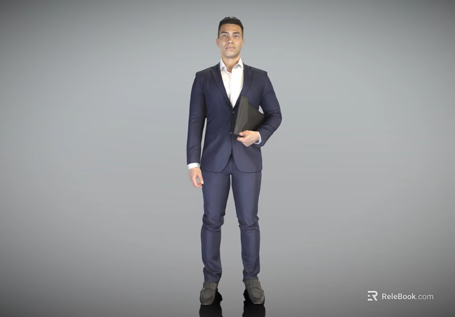 A Professional Man In Navy Blue Suit Holding Black Folder Against Gray Background 3d model 