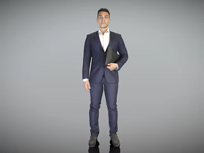 A Professional Man In Navy Blue Suit Holding Black Folder Against Gray Background 3d model