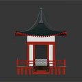Cartoon Scene With Japanese Style Pavilion Red Base White Walls Green Roof and Red Bridge