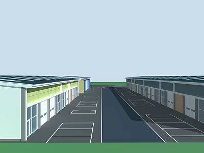 Industrial Warehouse Exterior Featuring Modern Roof Design Row Of Buildings Parking Lot And Large Windows 3d model